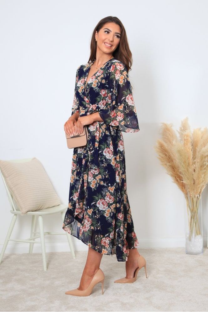 Printed Navy Wrap Front Butterfly Sleeve Dress DR0000404