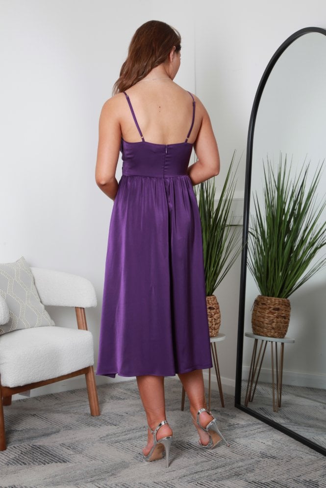 Purple Satin Strappy Midi Wrap Dress DR0000473