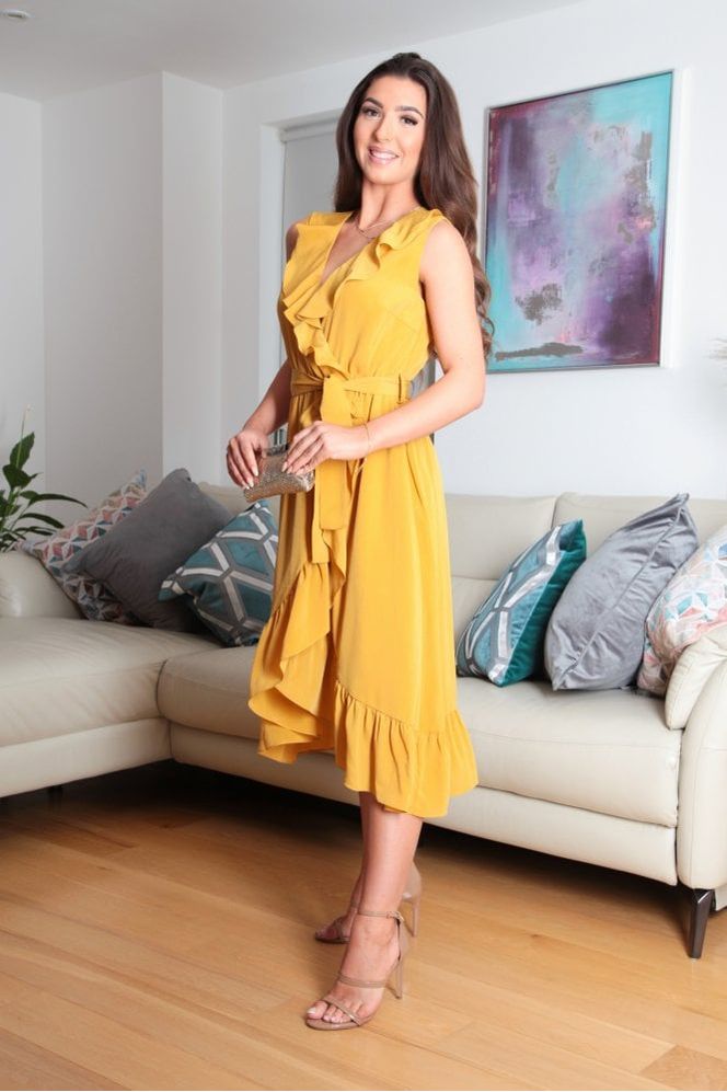 Sleeveless Yellow Wrap Dress With Frill DR0000364