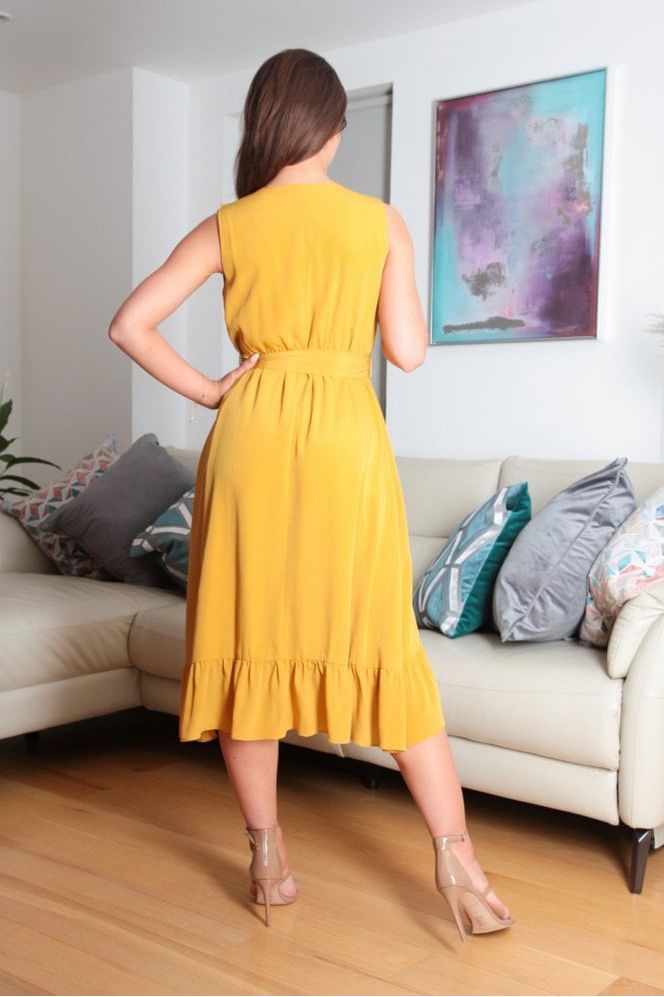 Sleeveless Yellow Wrap Dress With Frill DR0000364