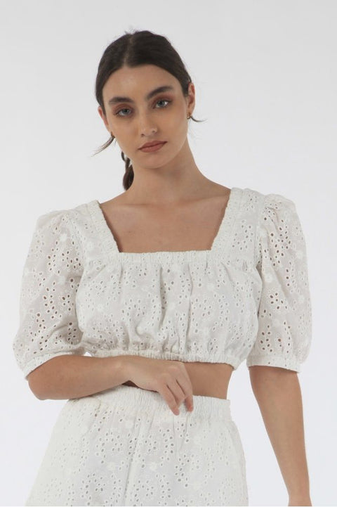 White Broderie Top With Lace Up Back by Double Second