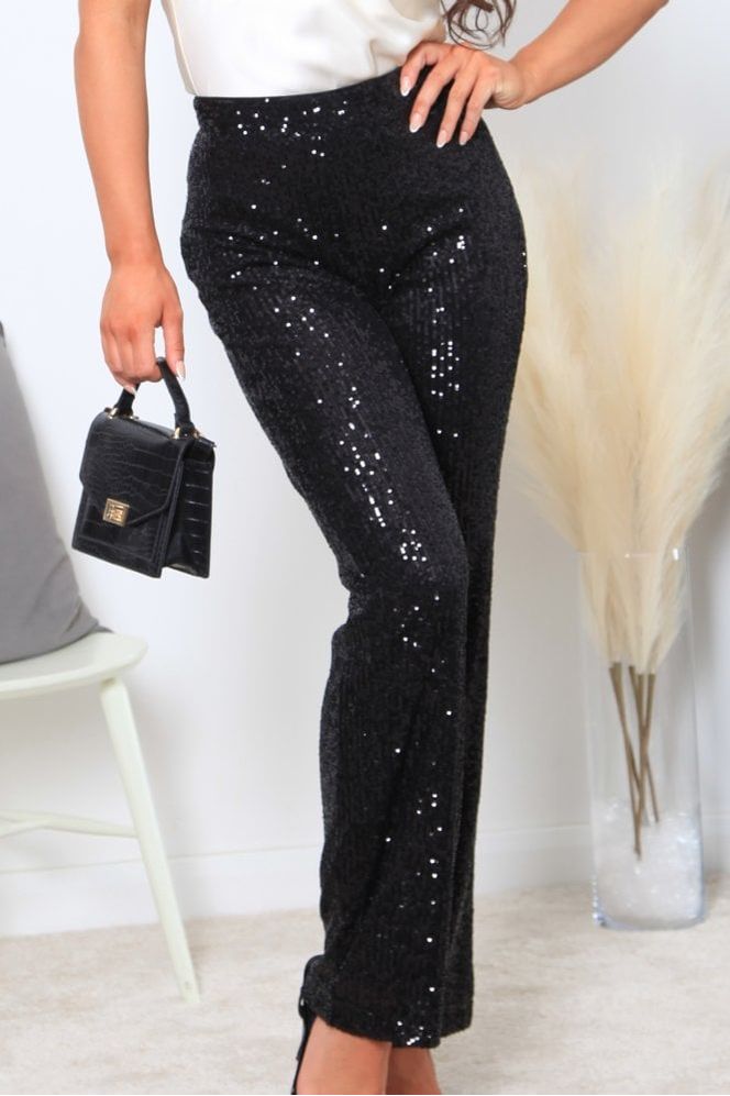 Black Wide Leg Sequin Trousers - Small TR0000422S