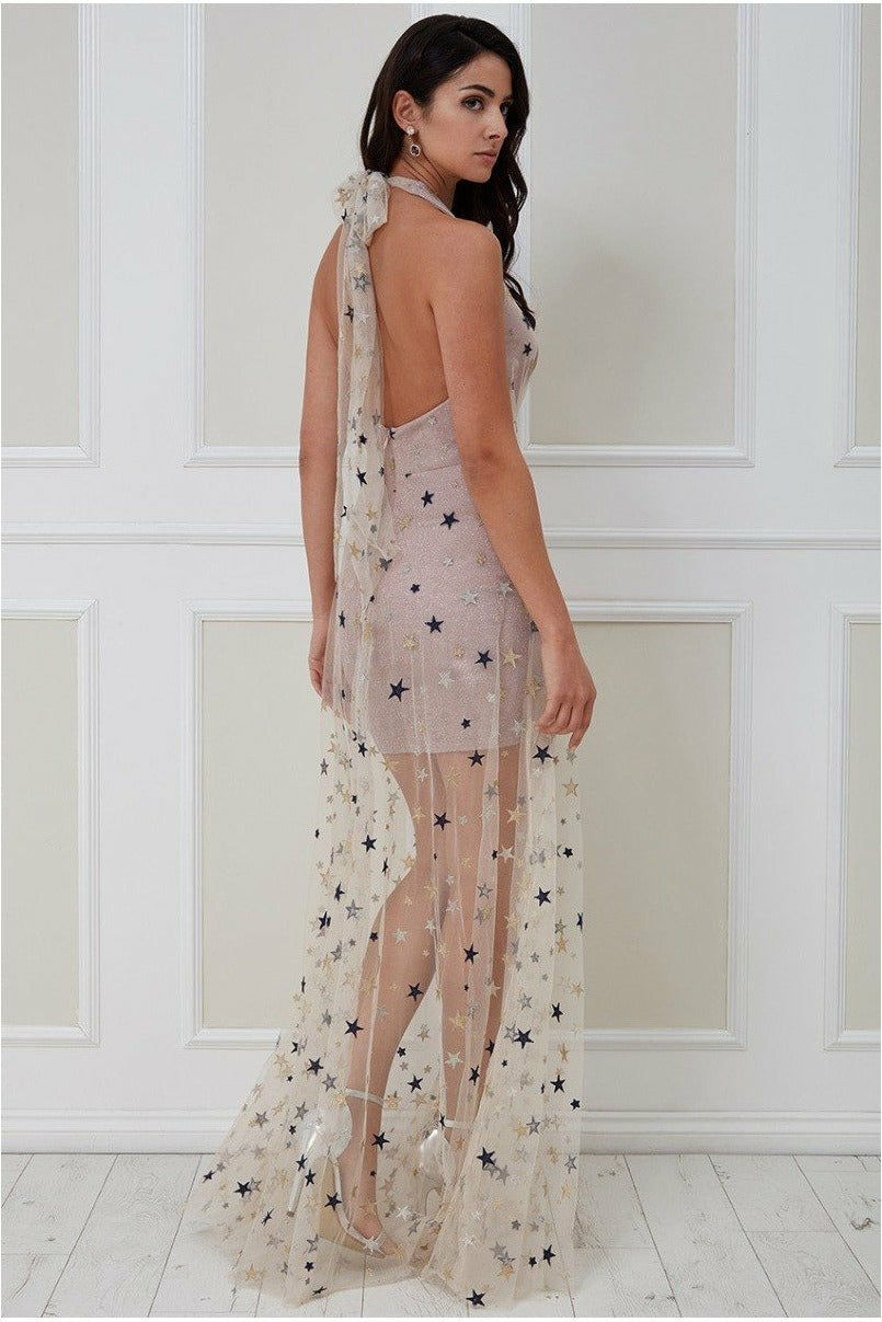 Star Mesh Halter Neck Maxi Dress - Champagne DR2728