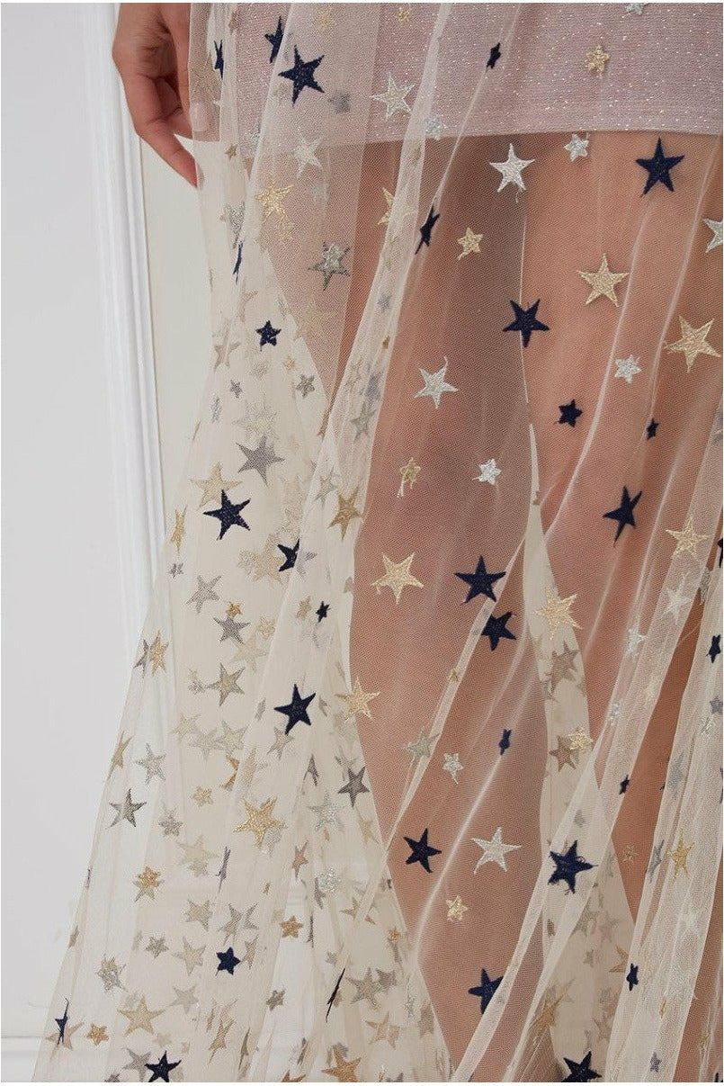 Star Mesh Halter Neck Maxi Dress - Champagne DR2728