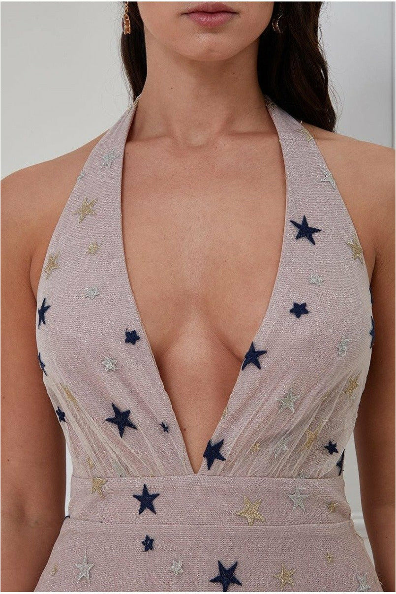 Star Mesh Halter Neck Maxi Dress - Champagne DR2728