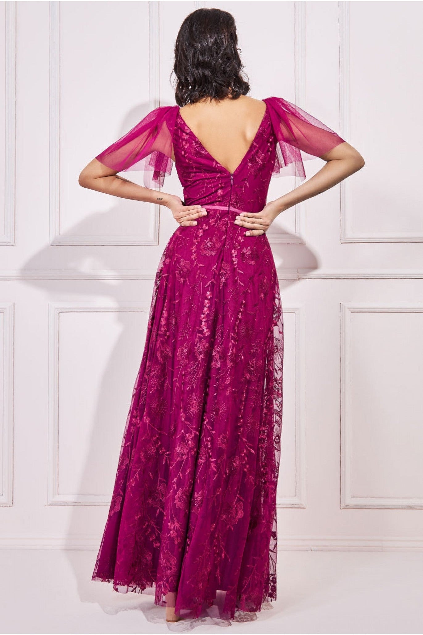 Embroidered Lace Maxi Flutter Sleeves - Magenta DR3255