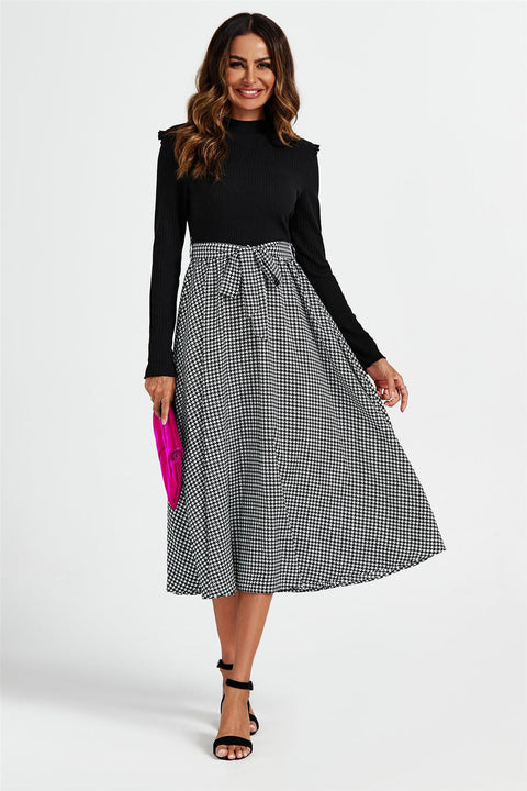 2 In 1 Black & White Houndstooth Printed Midi Dress FS603