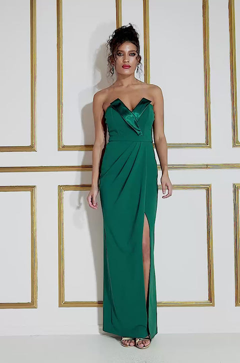 Goddiva Satin & Scuba Maxi With Thigh Split - Emerald