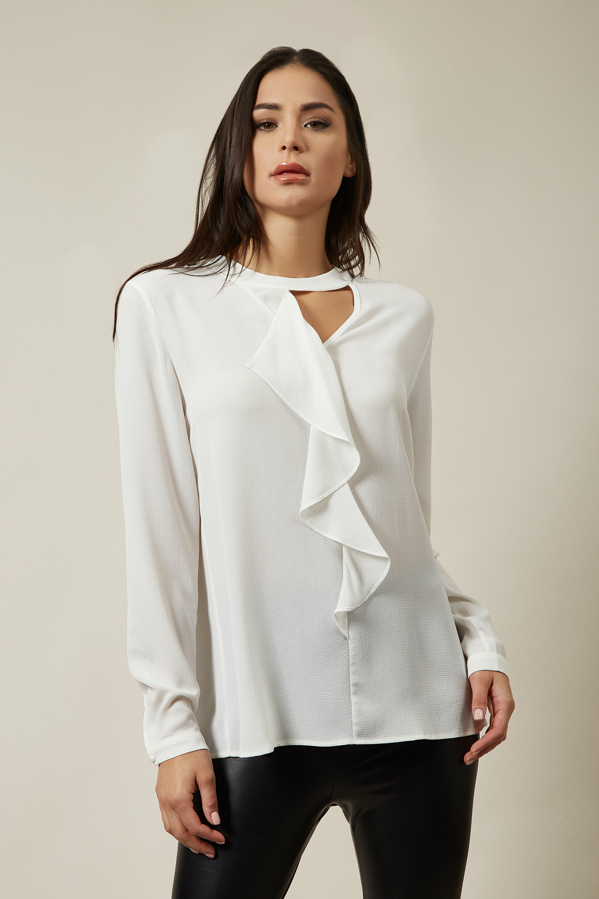 Oversized Top Ruffle Front Relaxed Fit Blouse In White GLR FASHION