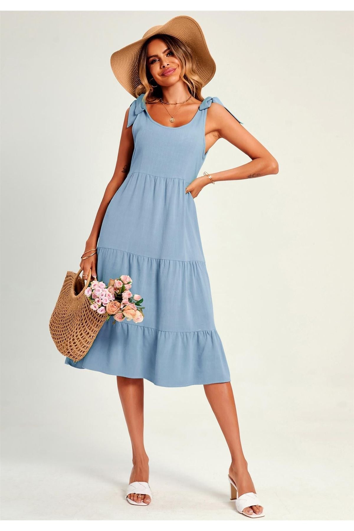 Relaxed Linen Self Tie Shoulder Tiered Midi Dress In Light Blue FS318-LightBlue