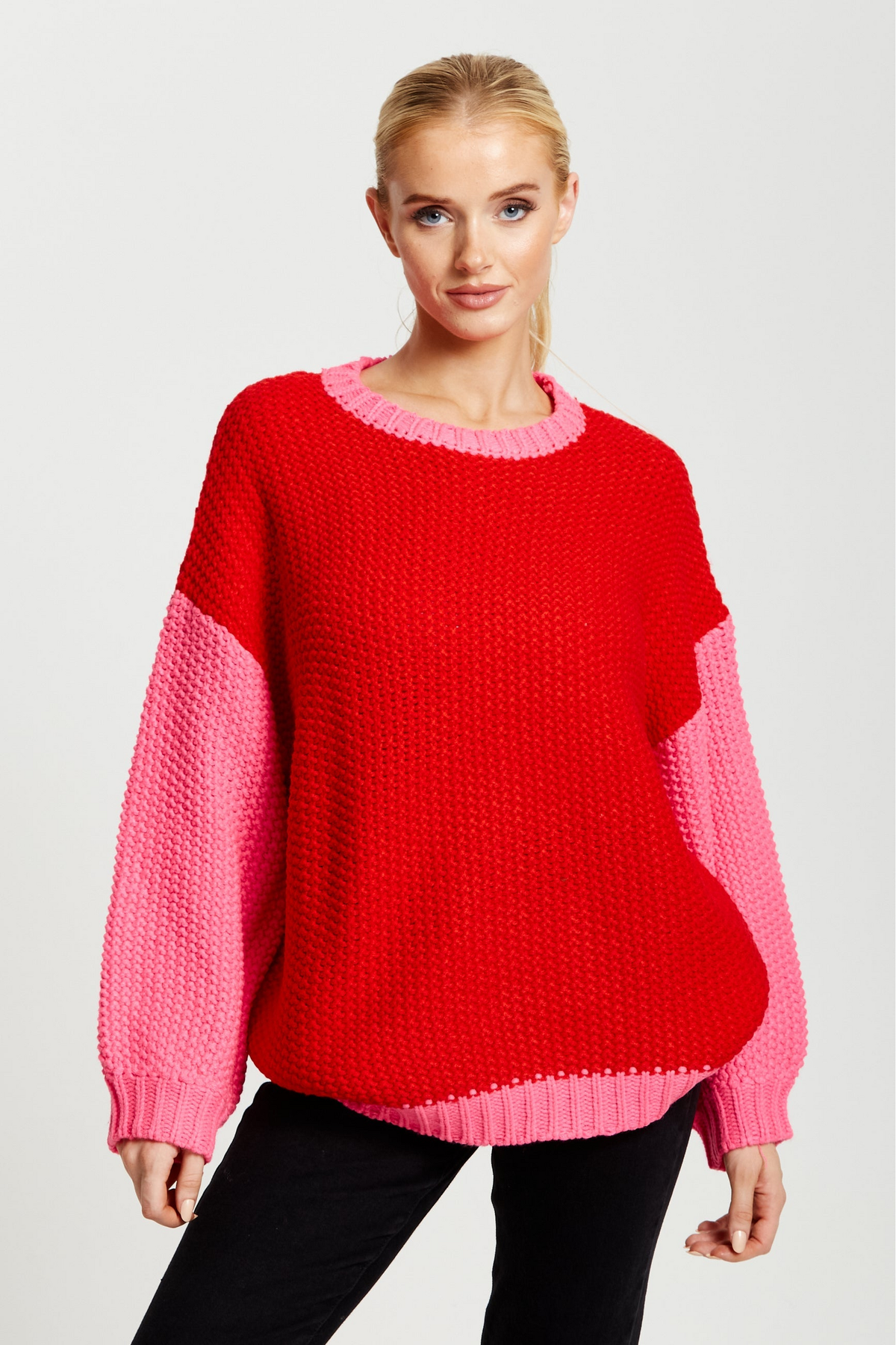 Contrast Sleeve Jumper In Pink And Red A14-LIQ21-191