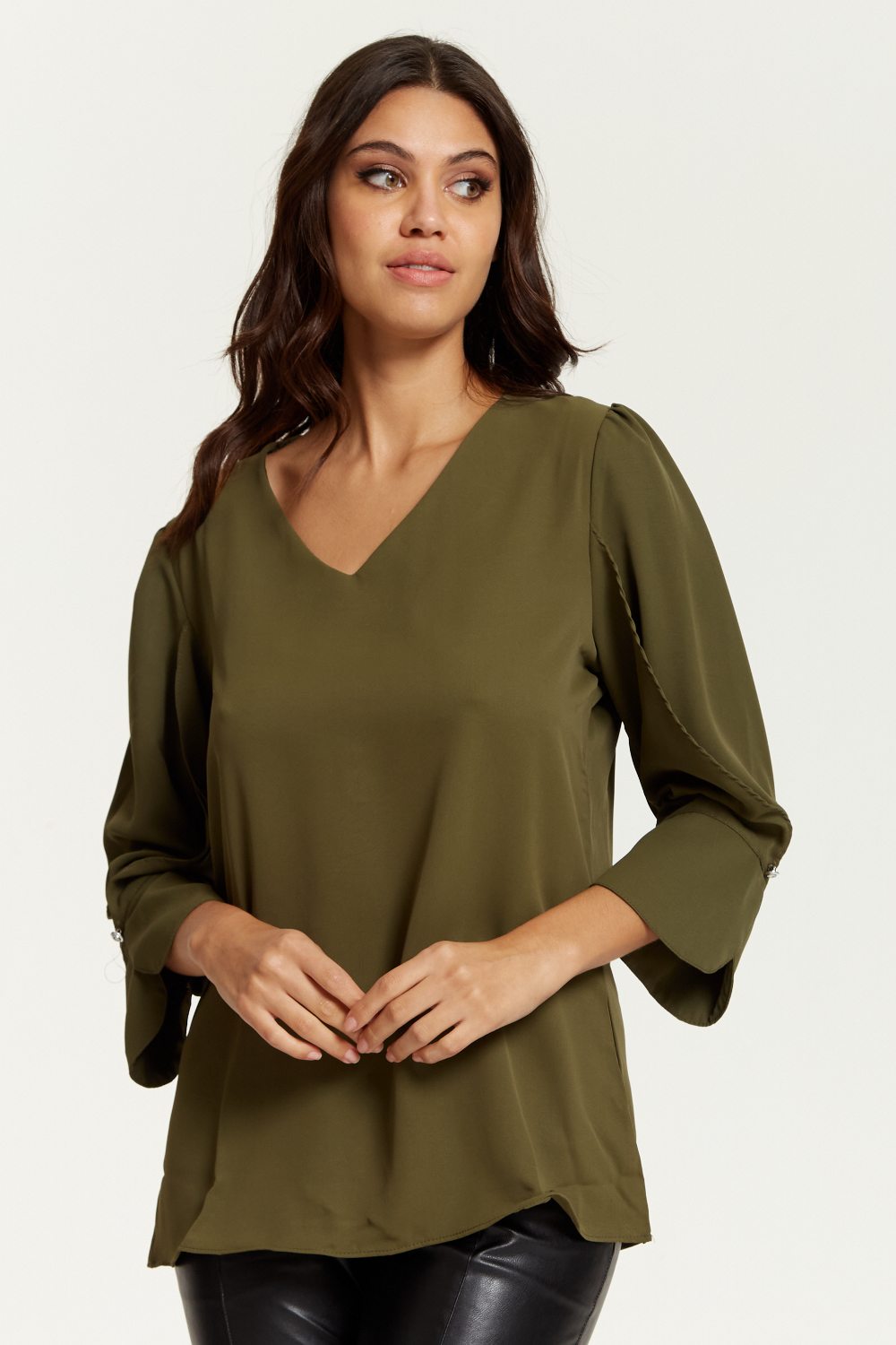 Long Sleeves Detailed Cuff Blouse with V Neck in Khaki GLR FASHION NETWORKING