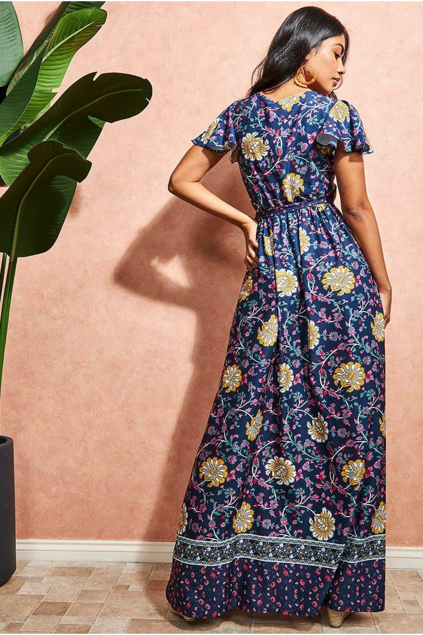 Floral Print Maxi With Flutter Sleeves - Navy Print DR3355