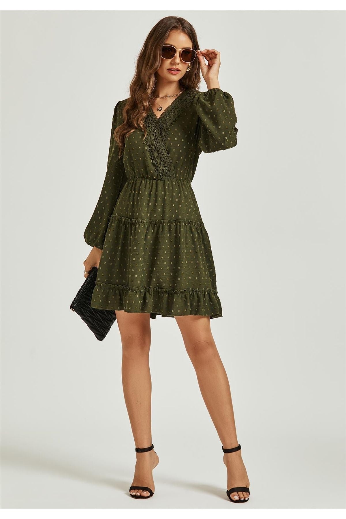 Long Sleeve Lace Detail Wrap Style Tulle Frill Mini Dress In Olive Green FS495-OliveGreen