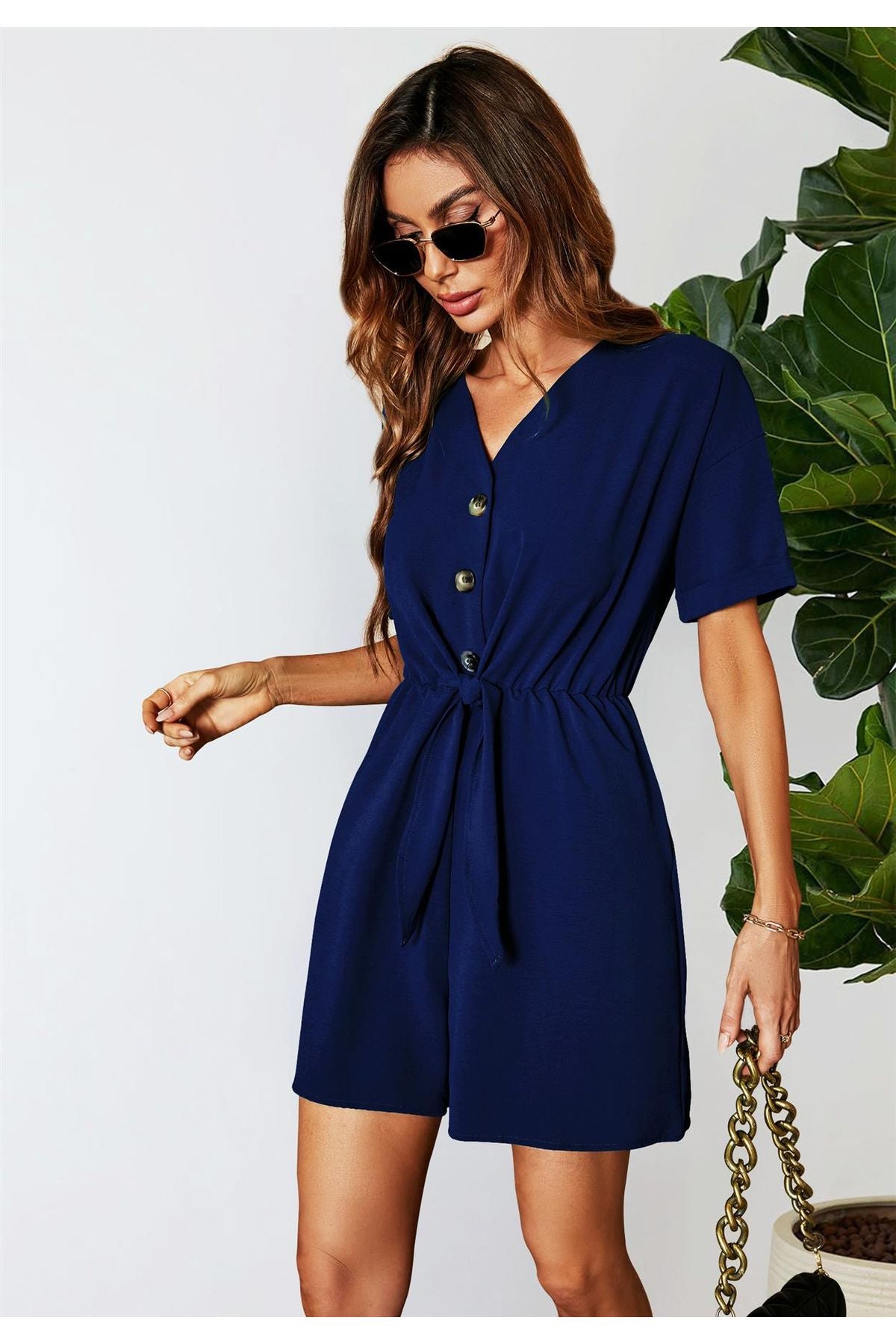 Button Down Playsuit In Navy FS549