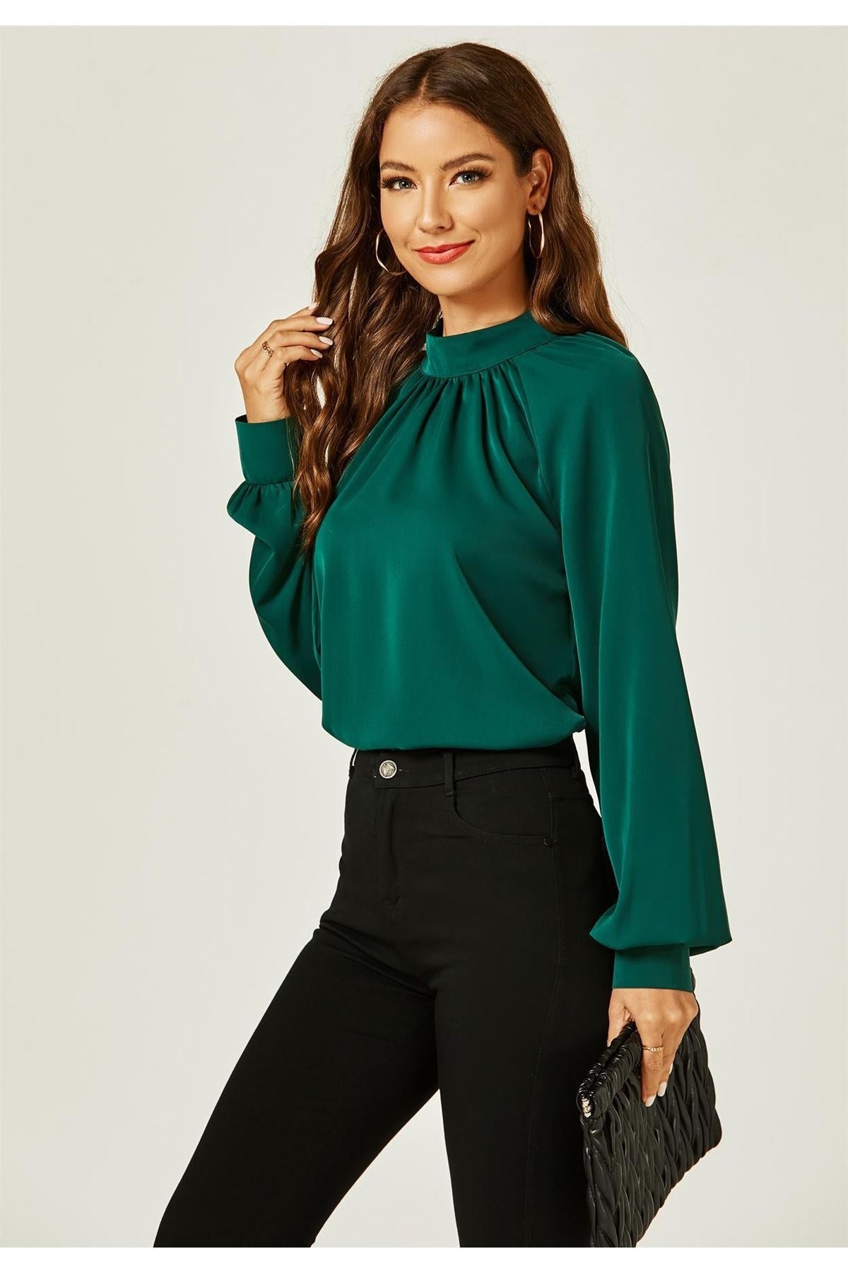 Halter Neck Long Sleeve Blouse Top In Green FS487