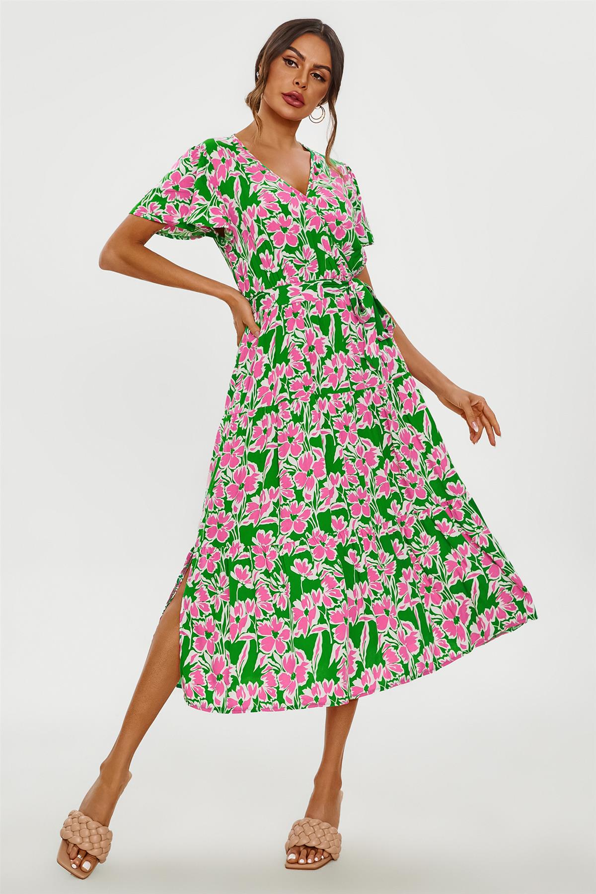 Pink Floral Print Hem Tiered Wrap Midi Dress In Green FS231-PinkF