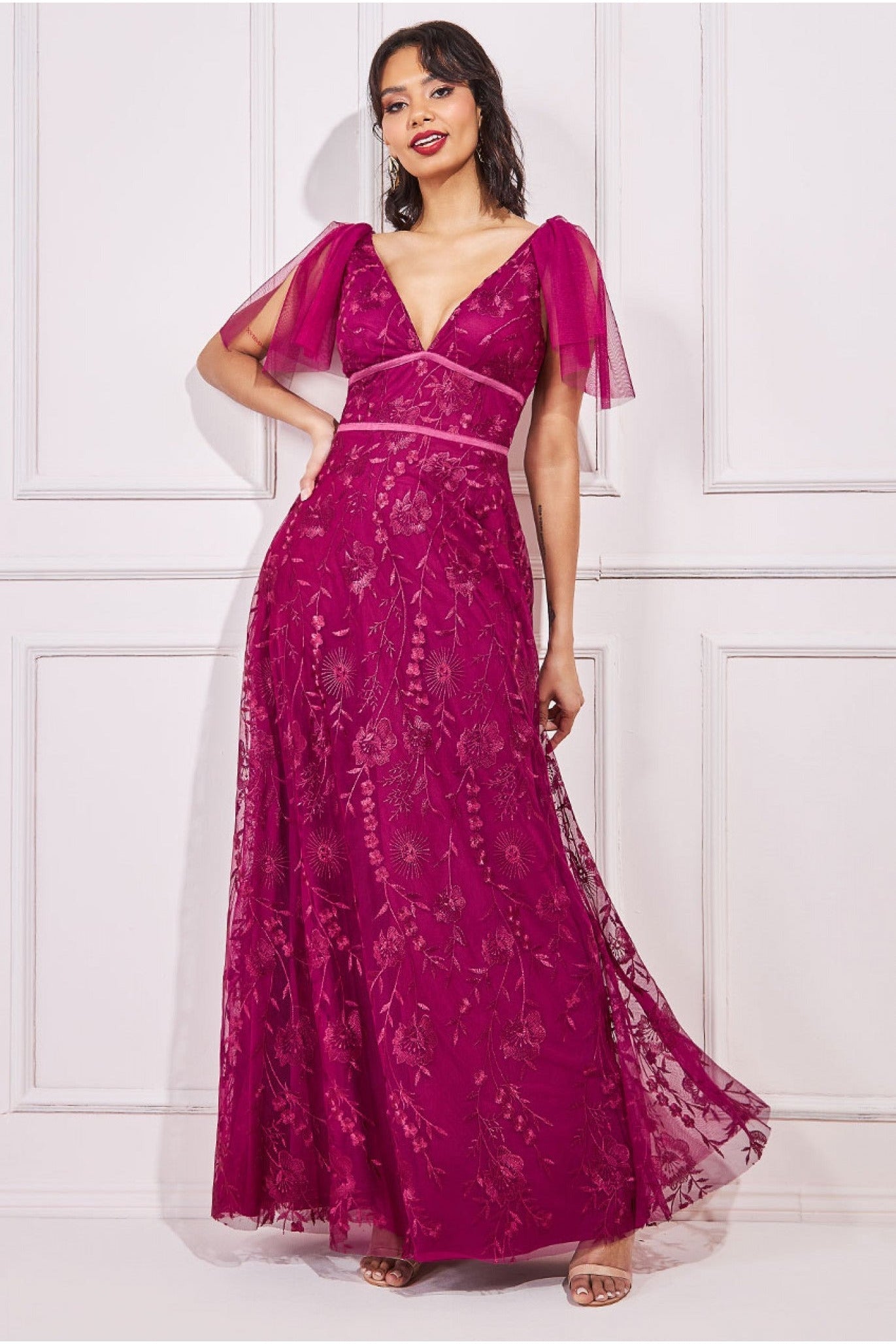 Embroidered Lace Maxi Flutter Sleeves - Magenta DR3255