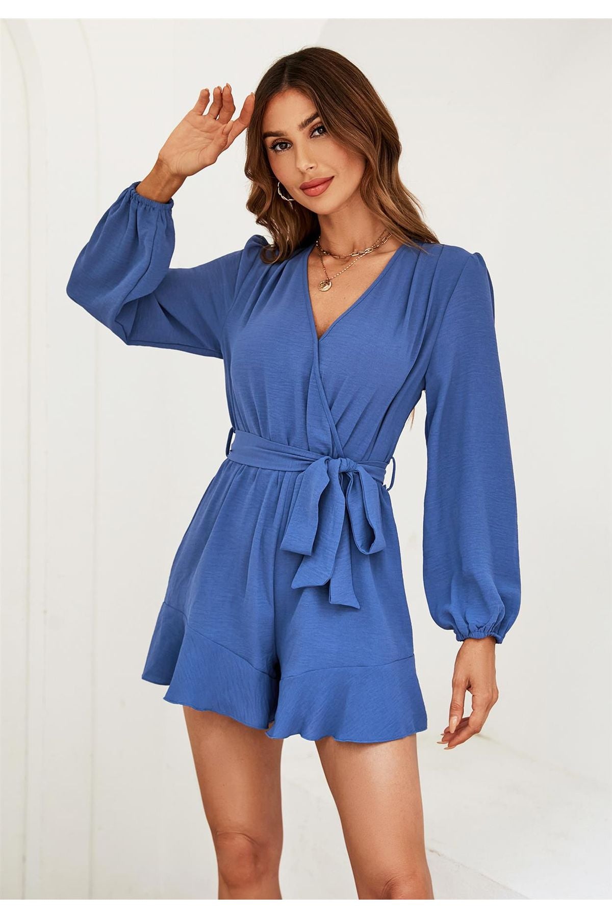 Long Sleeve Wrap Top Playsuit In Blue FS537