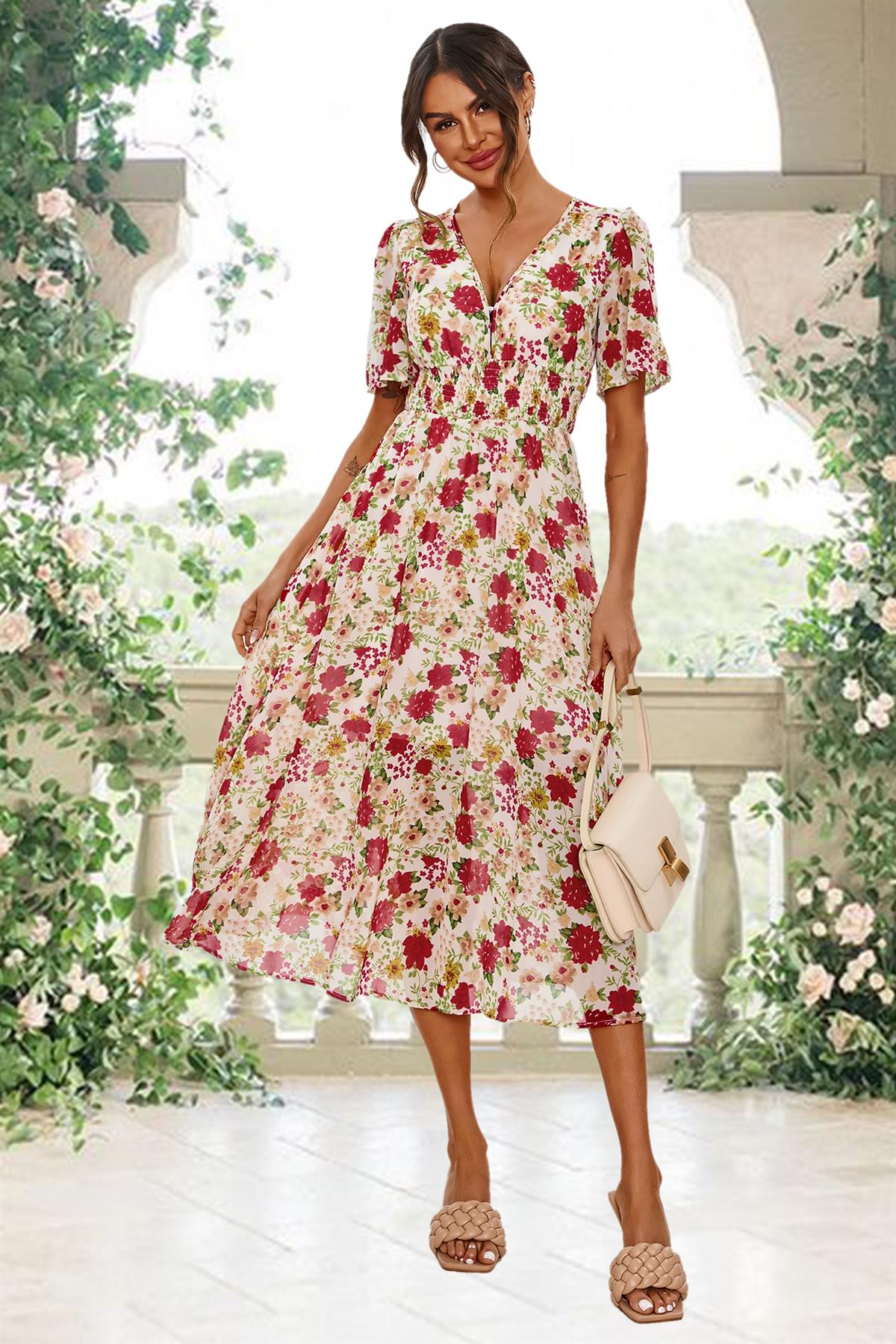 Red Floral Print Angel Sleeve Midi Dress In White FS700-RedF