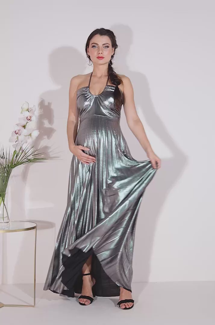 Pleated Foil Tie Back Maxi Dress - Silver