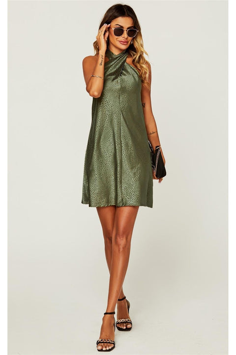 Leopard Print Halter Neck Back Detail Mini Dress In Olive Green FS21192-Olive