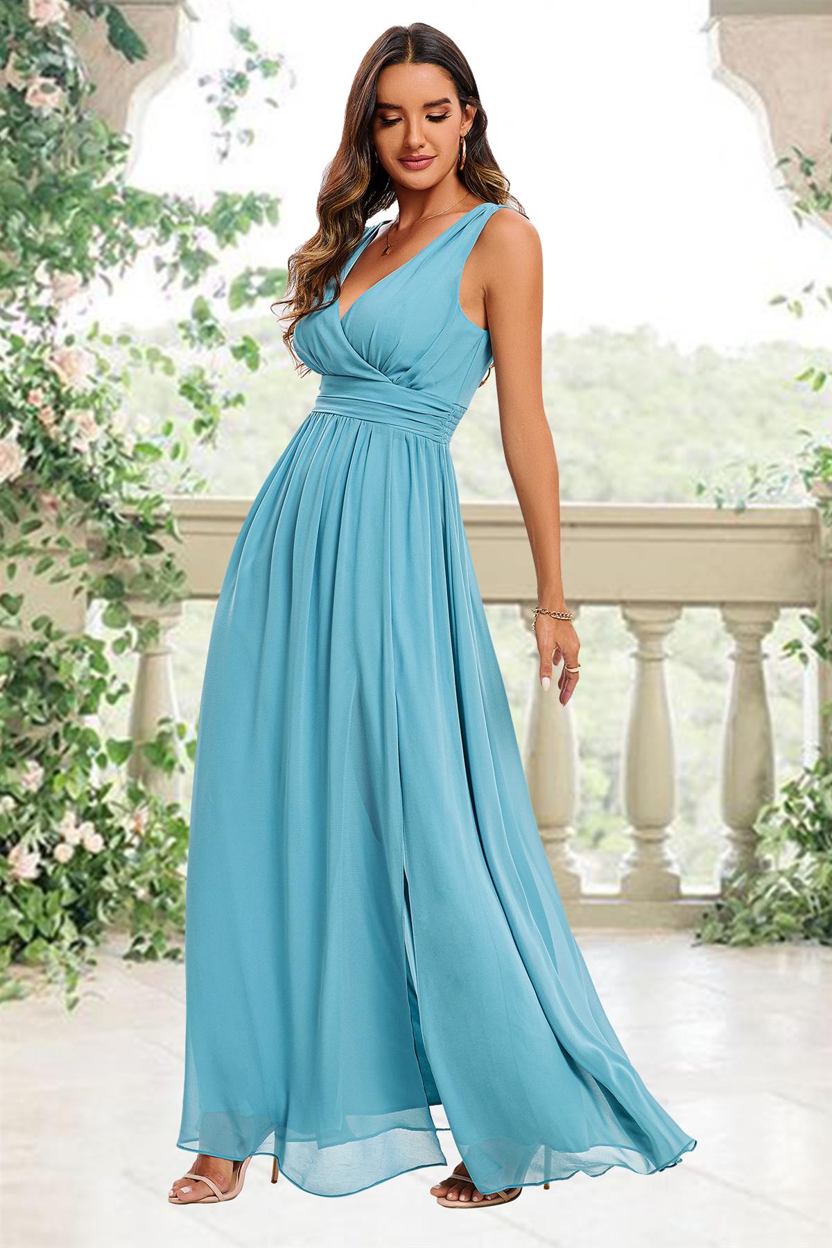 V Neck Bridesmaid Maxi Dress In Light Blue FS596