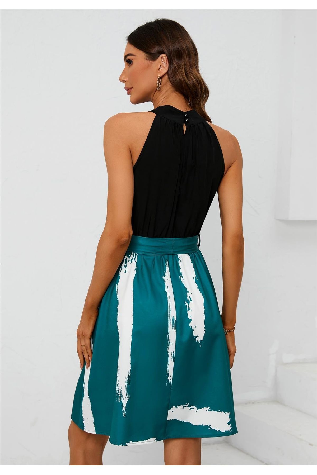 Black Halterneck Top 2 In 1 Mini Dress In Blue Print FS528