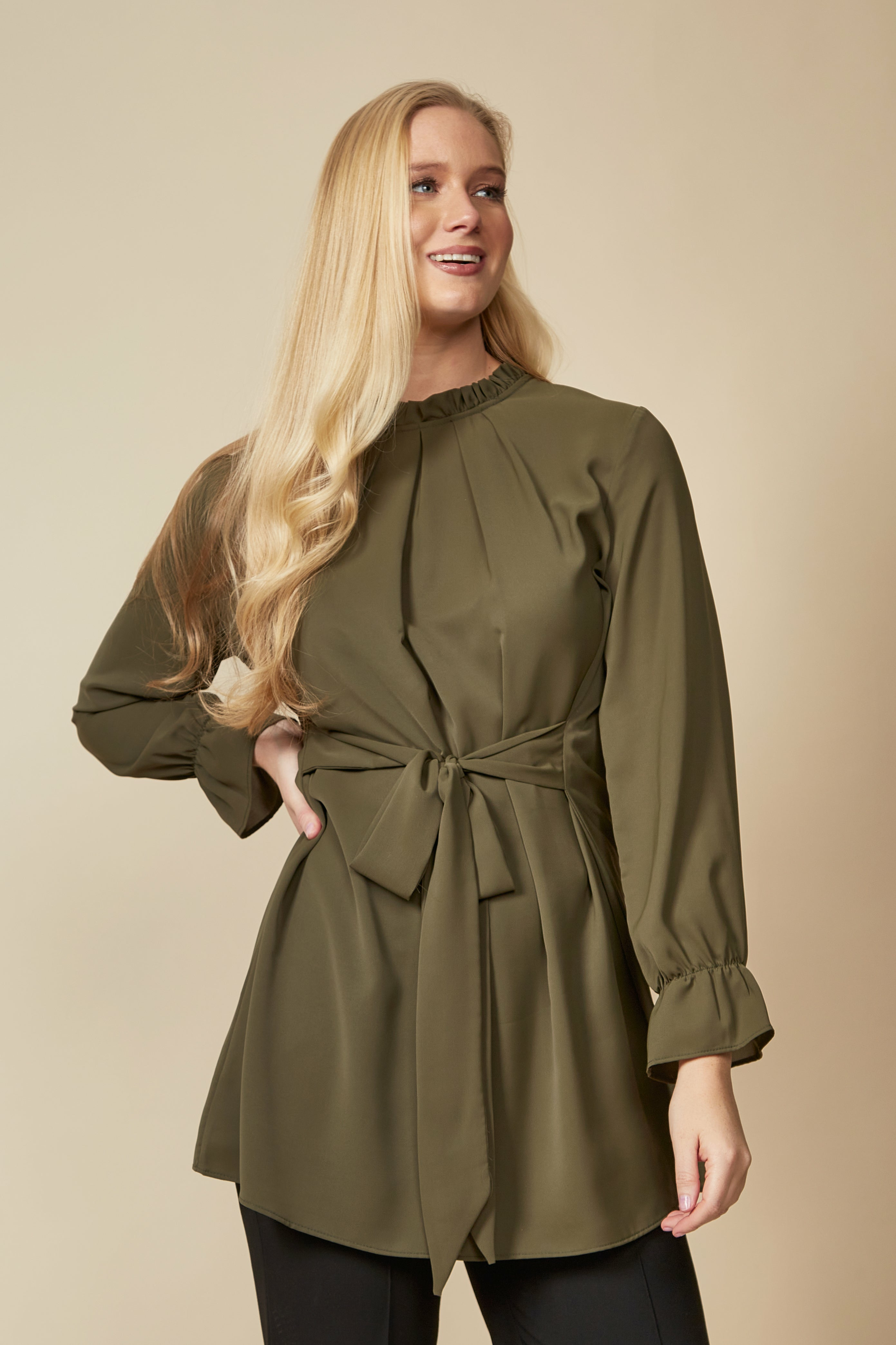 Oversized Tie Ruffle Neck Top with Tie Waist Detailed in Khaki GLR FASHION NETWORKING