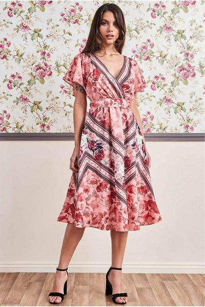 Peach - Flutter Sleeve Wrap Style Midi Dress - Peach by Goddiva