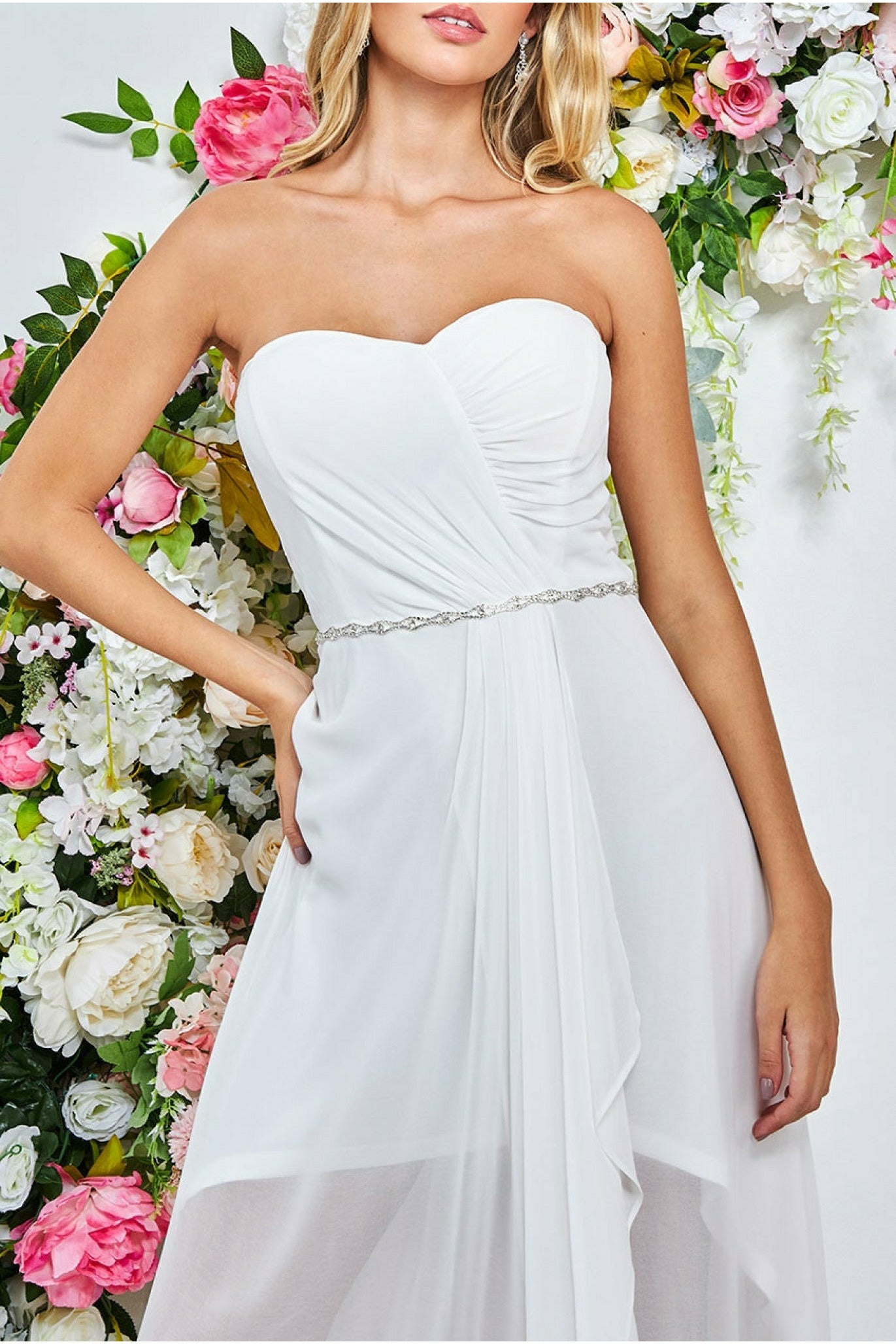 Bardot Chiffon Wedding Dress With Belt - White DR3069W