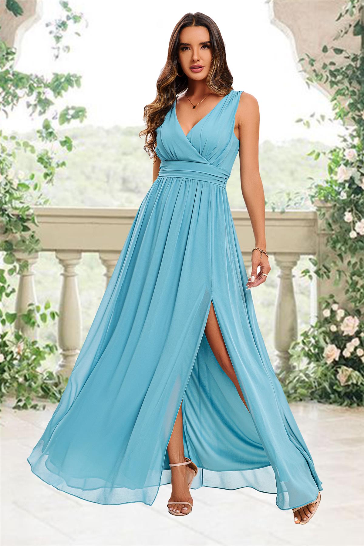 light blue summer wedding guest dress light blue dress for ladies Wedtrend Women Sky Blue Wedding Guest Dress A Line Spaghetti Straps Backless Pleated Chiffon Tea-Length Bridesmaid Dress WEDTREND-parroquiadesanalbertomagno.com