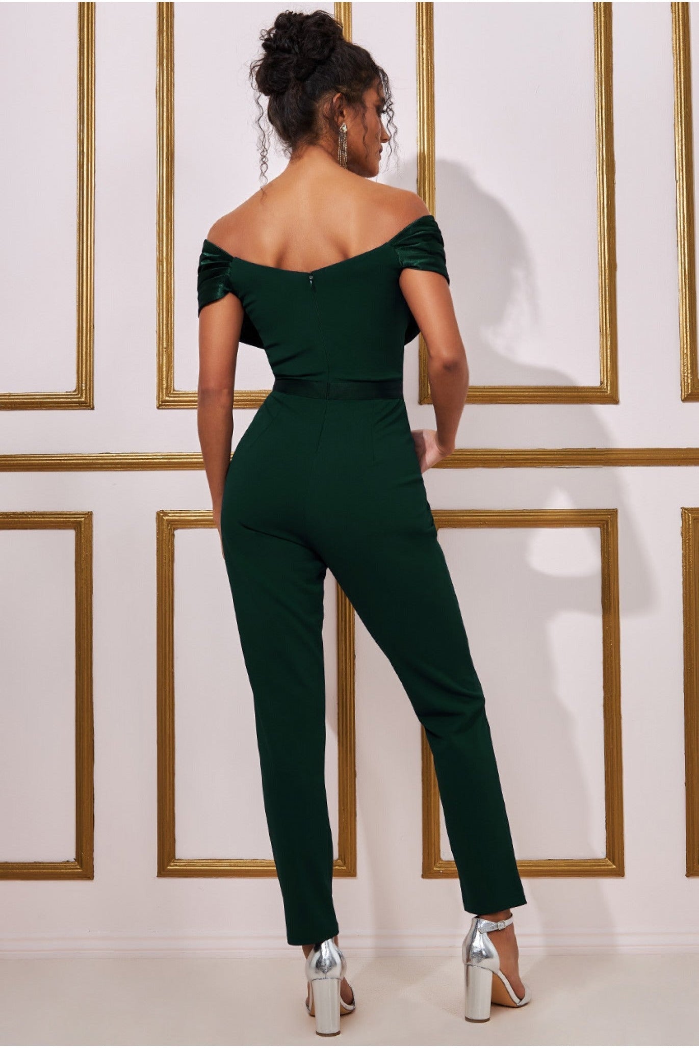 Corset Bodice Scuba & Satin Bardot Jumpsuit - Emerald TR351