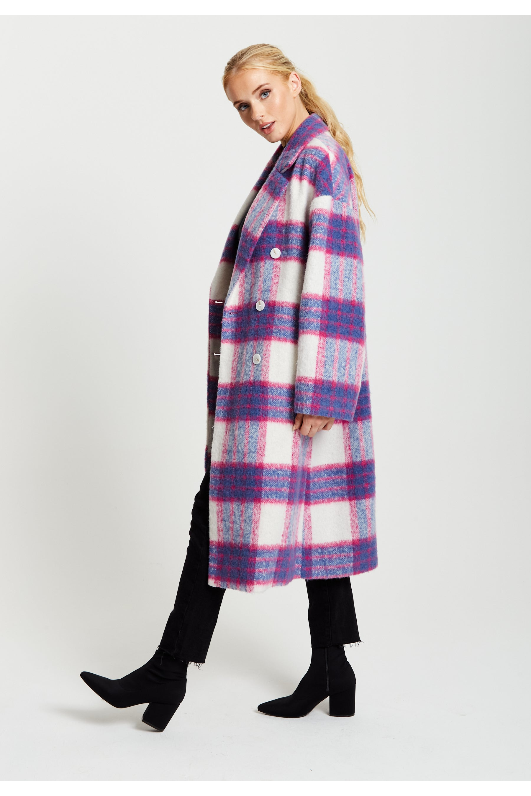 Longline Coat In Pink And Navy Checks F3-171-LIQ22AW048