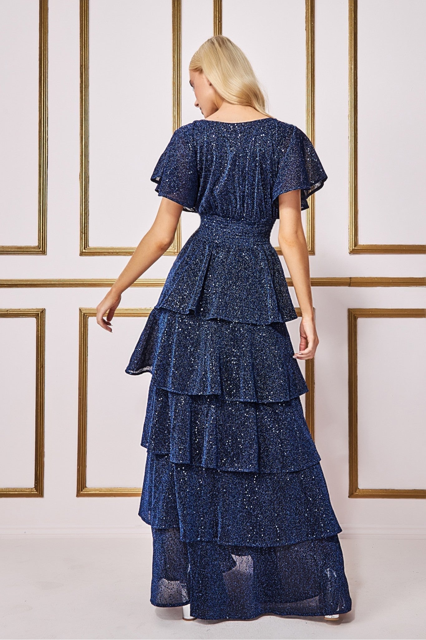 Sequin Lurex Tiered Maxi Dress - Navy DR3657