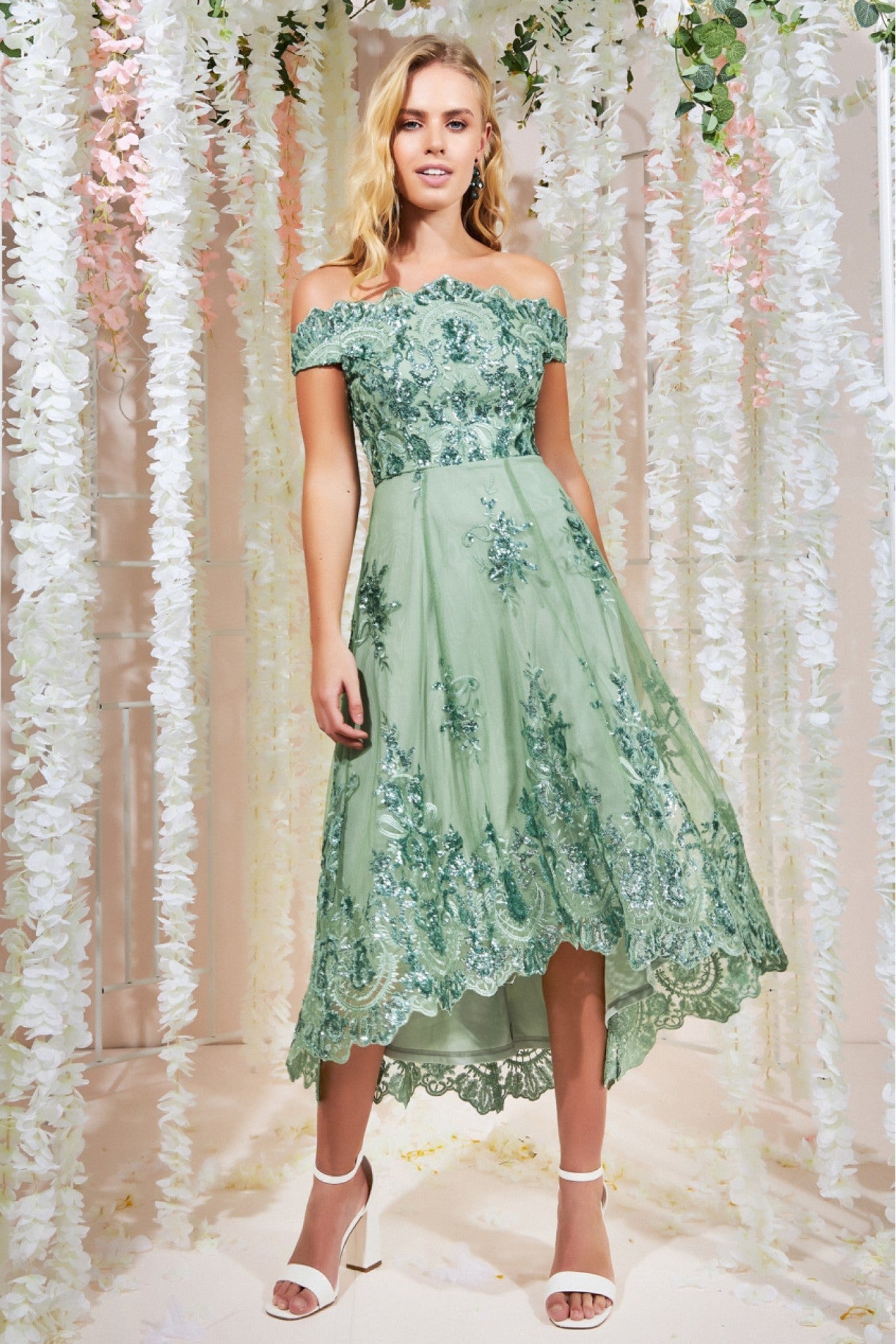 Bardot Sequin & Lace High Low Midi - Sage Green DR3675