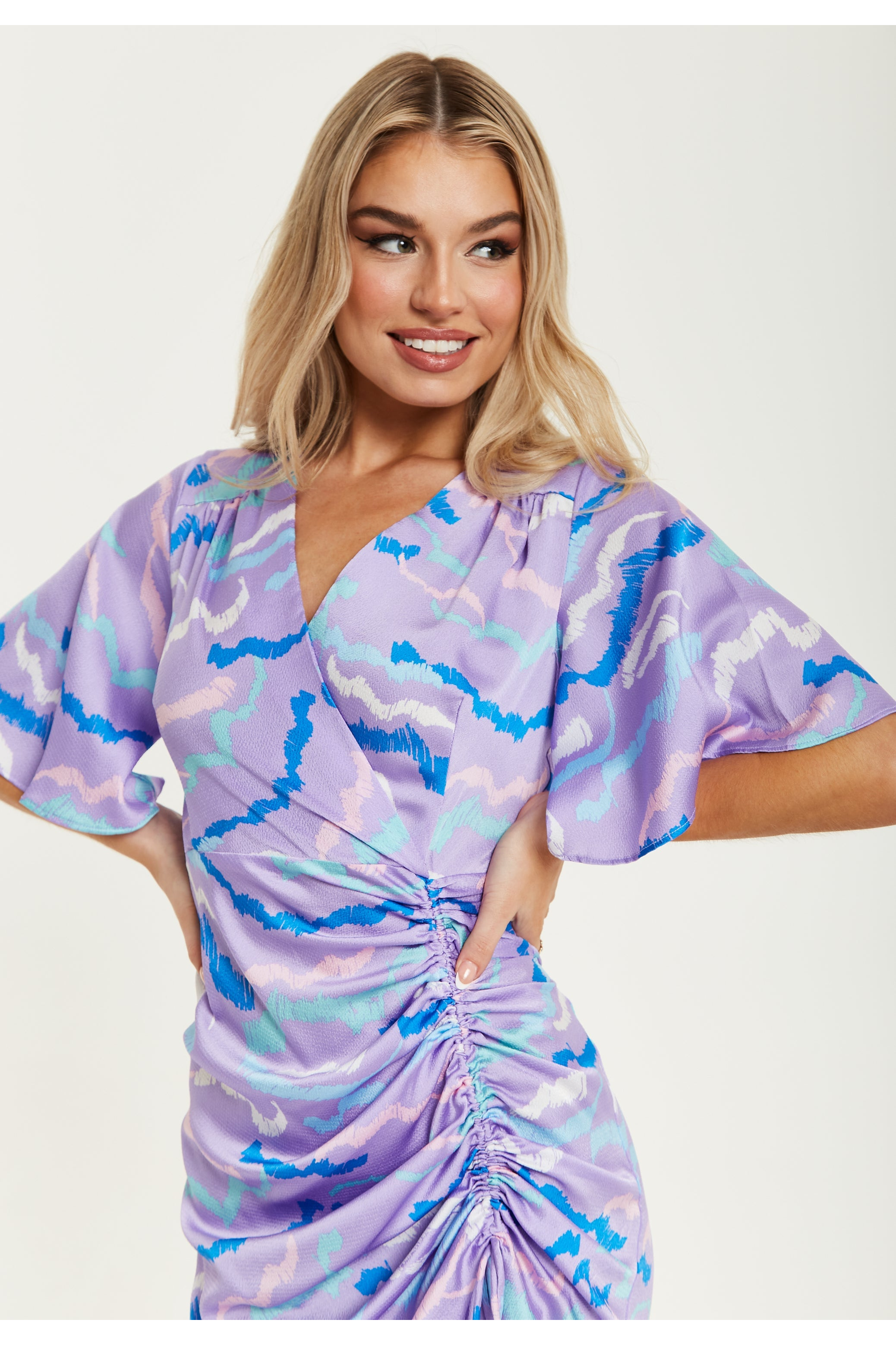 Midi Wrap Dress With Abstract Zebra Print In Lilac B8-90-LIQ22SS117