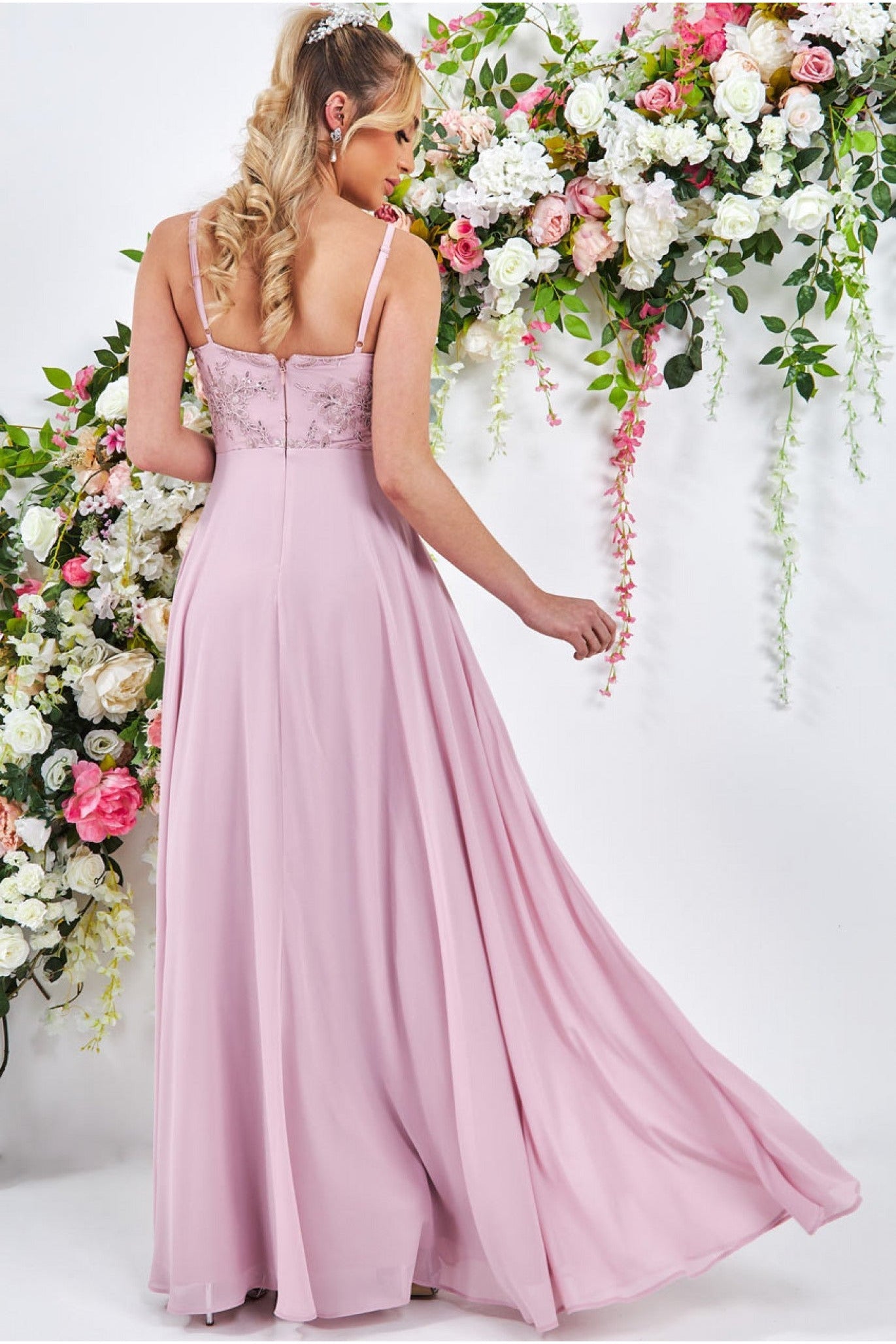 Scallop Lace Chiffon Maxi Dress - Blush DR3397
