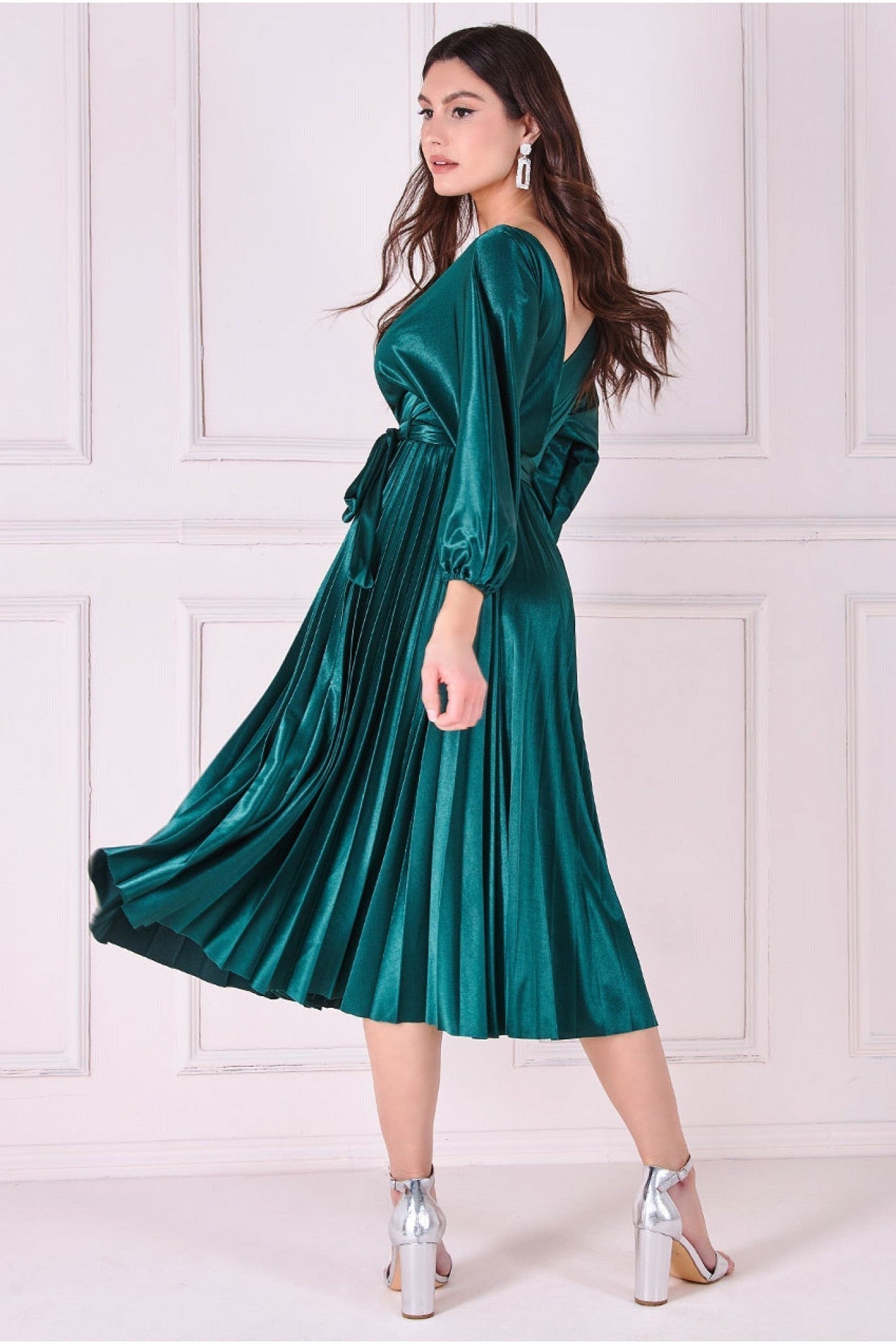 Satin Pleated Skirt Wrap Midi Dress - Emerald Green DR3921