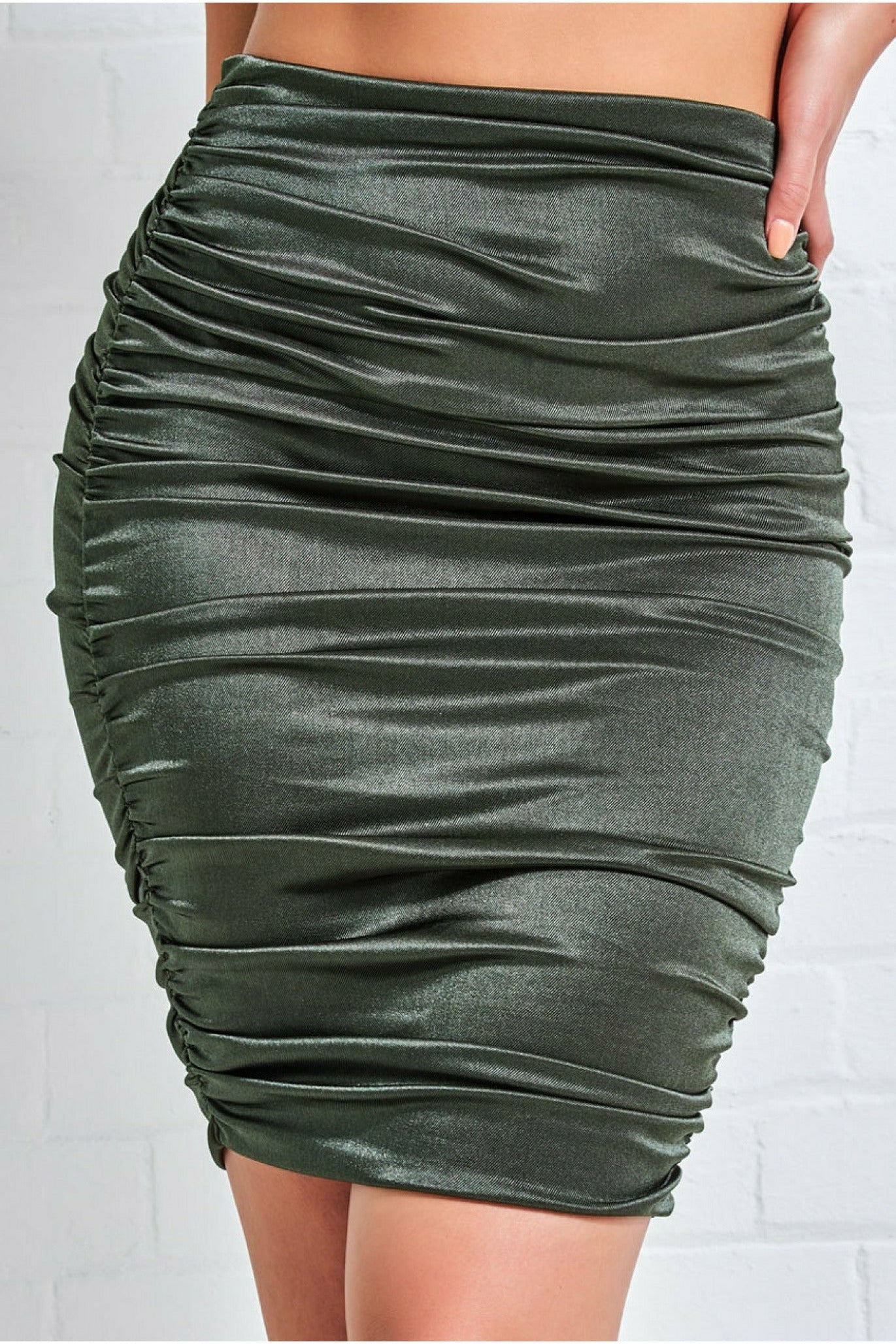 Ruched Satin Mini Skirt - Khaki SK18