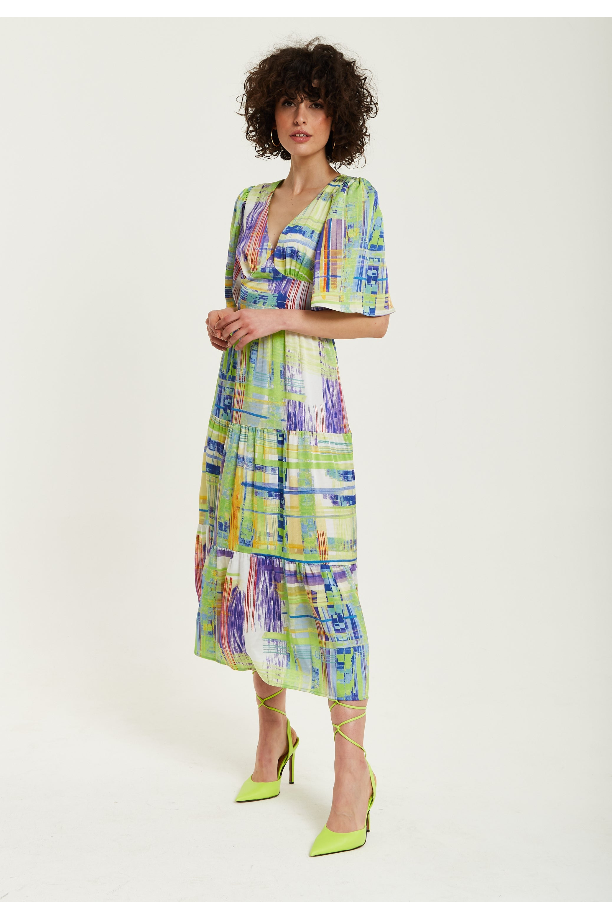 Green Abstract Print Midi Dress With Short Sleeves B8-96-LIQ22SS133