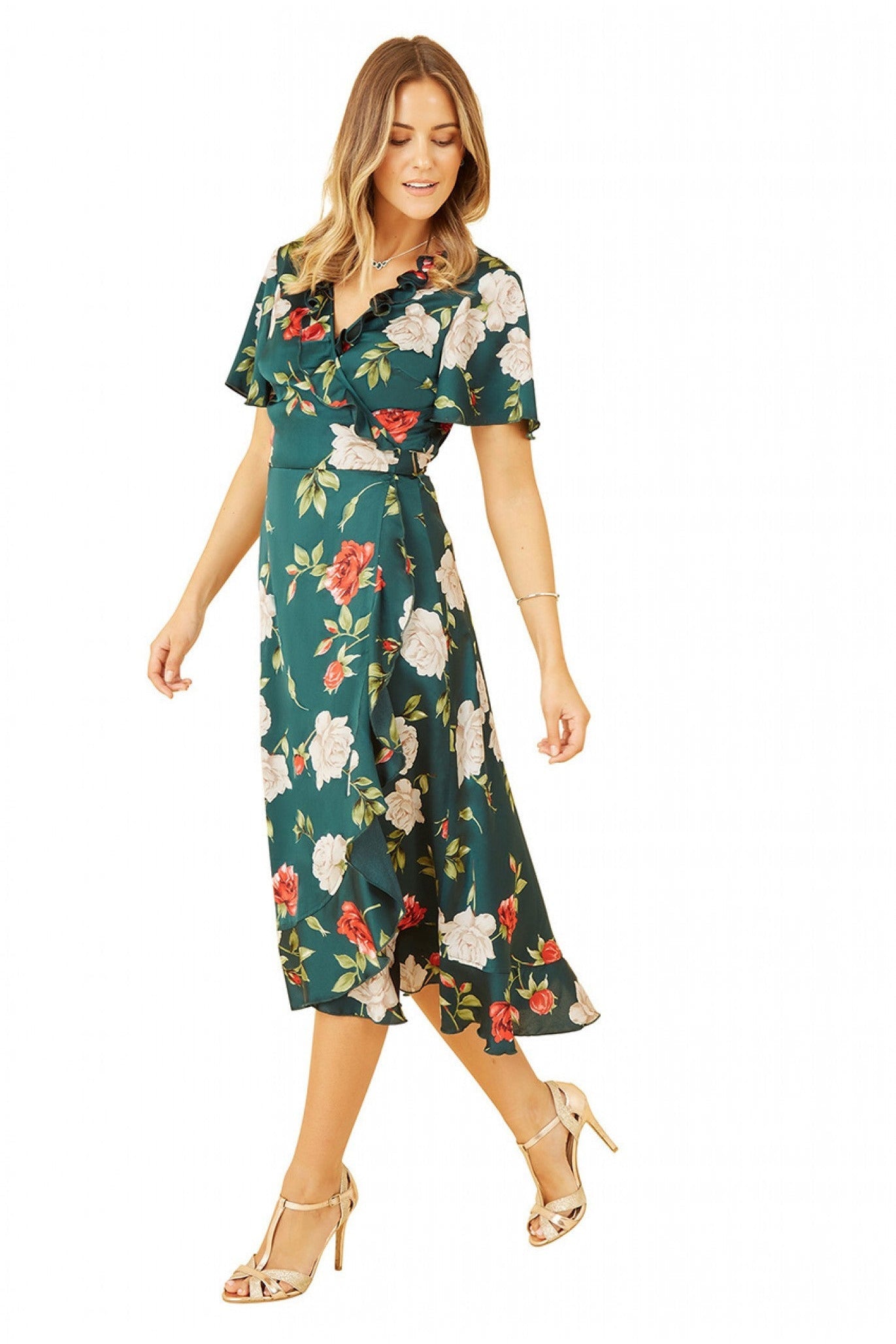 Green Satin Rose Print Wrap Dress YM3755009