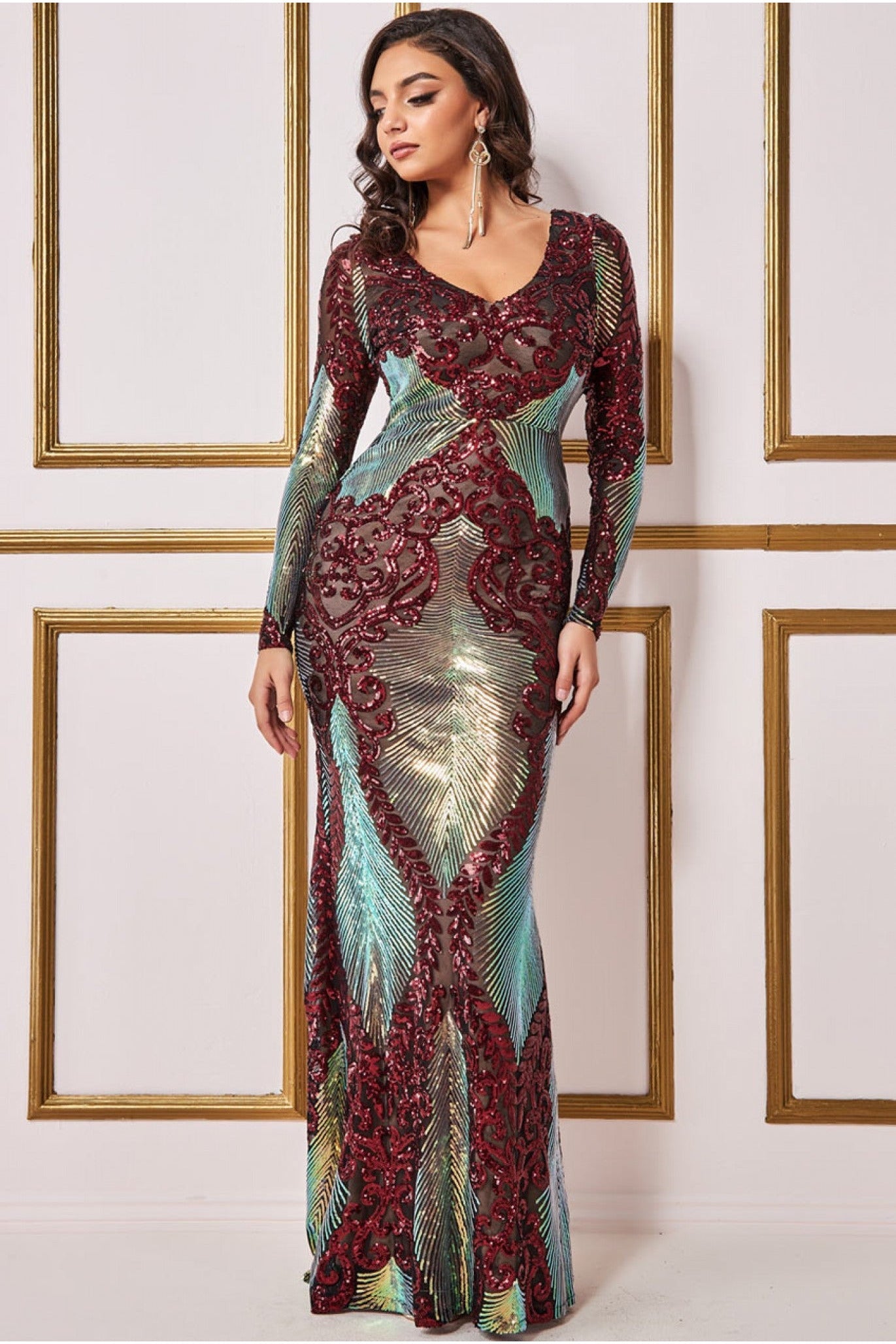 Contrast Sequin Long Sleeve Maxi Dress - Wine DR3475