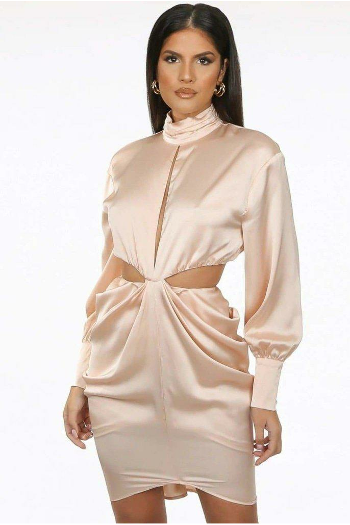 PLEATED HIGH NECK CUT OUT MINI DRESS De La Crème