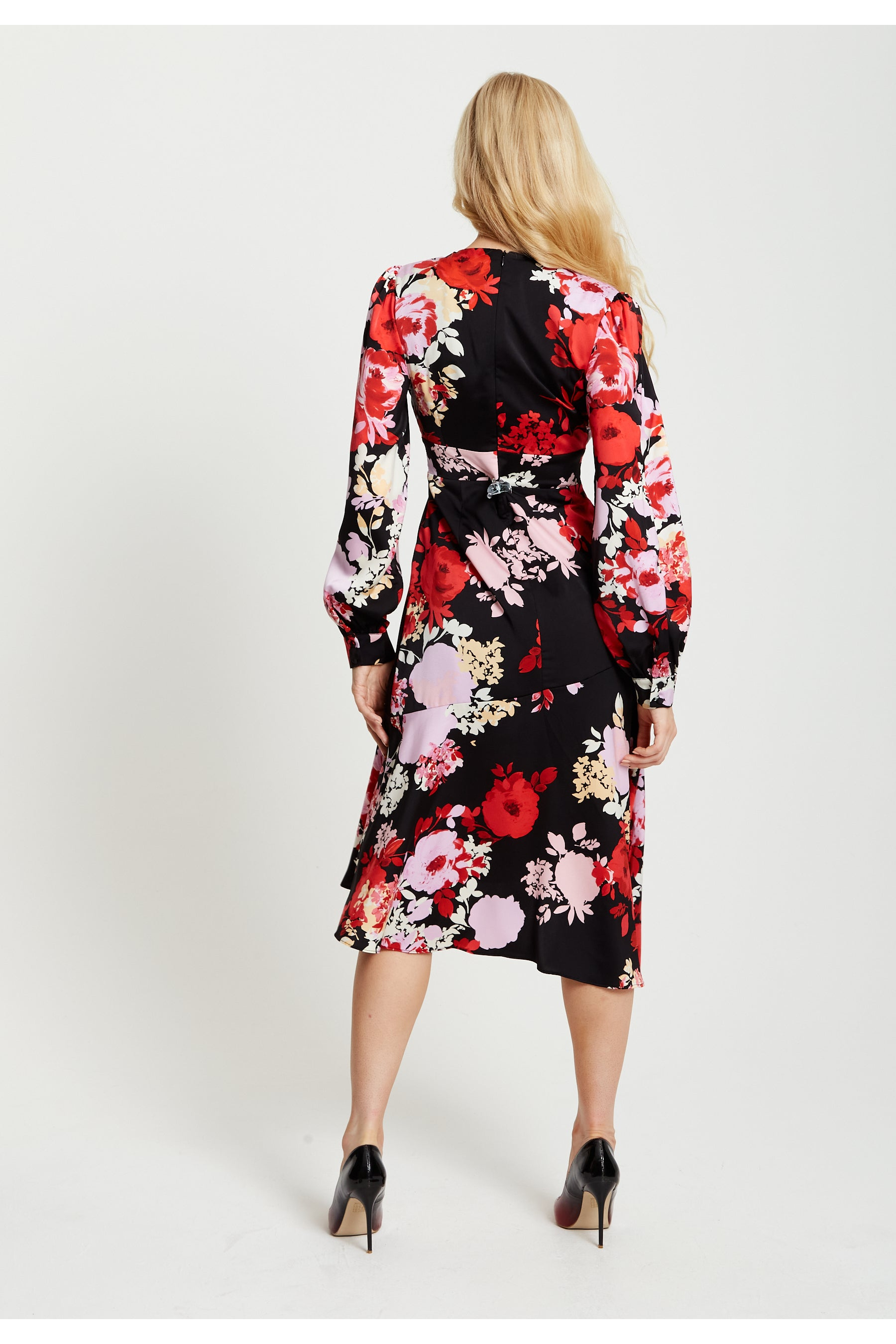 Rose Print Midi Lace Up Dress In Red And Pink E2-196-LIQ22AW038