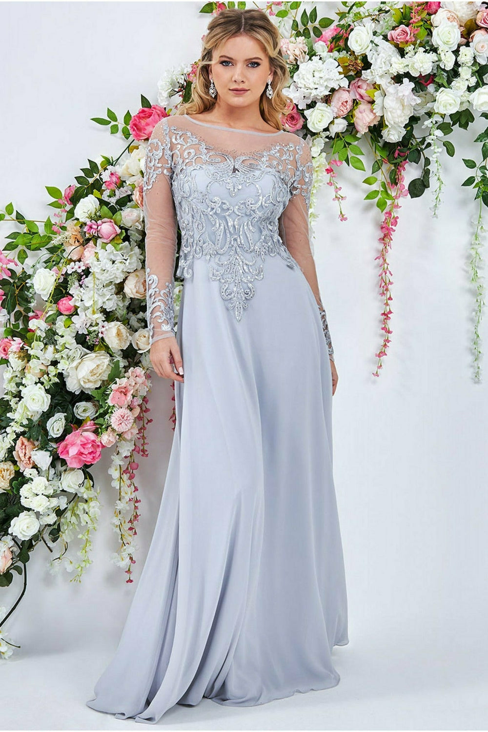 Mesh & Lace Embroidered Bodice Maxi - Grey