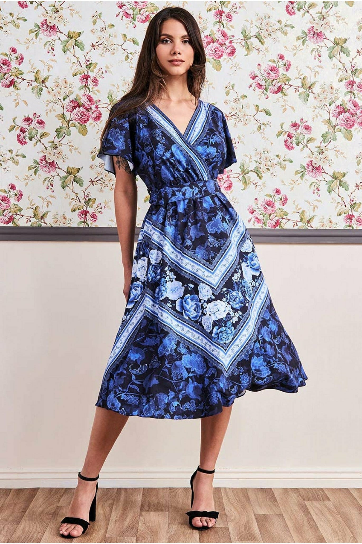 Flutter Sleeve Wrap Style Midi Dress - Navy DR3432