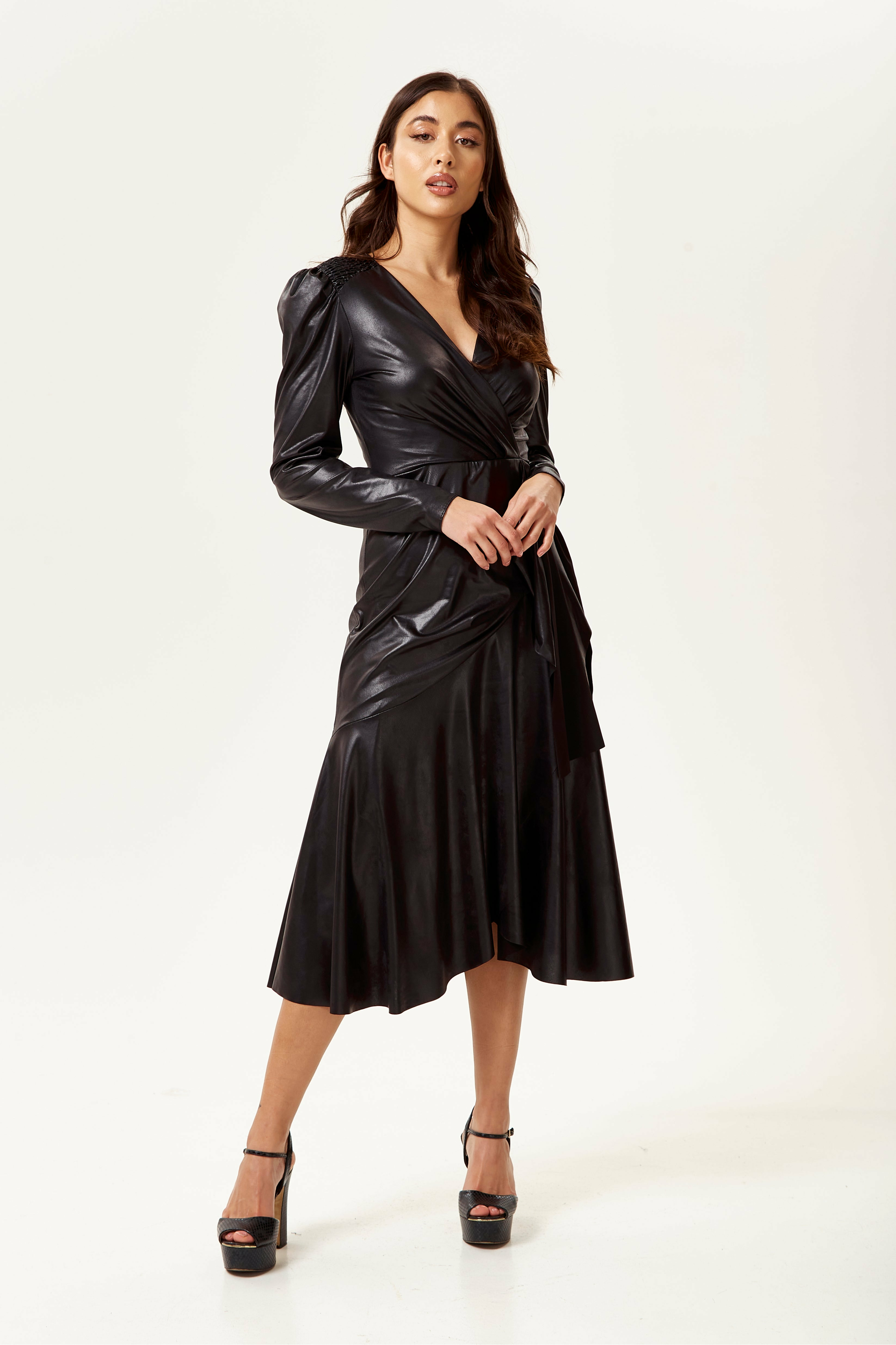 PU Wrap Midi Dress in Black with Long Sleeves Liquorish