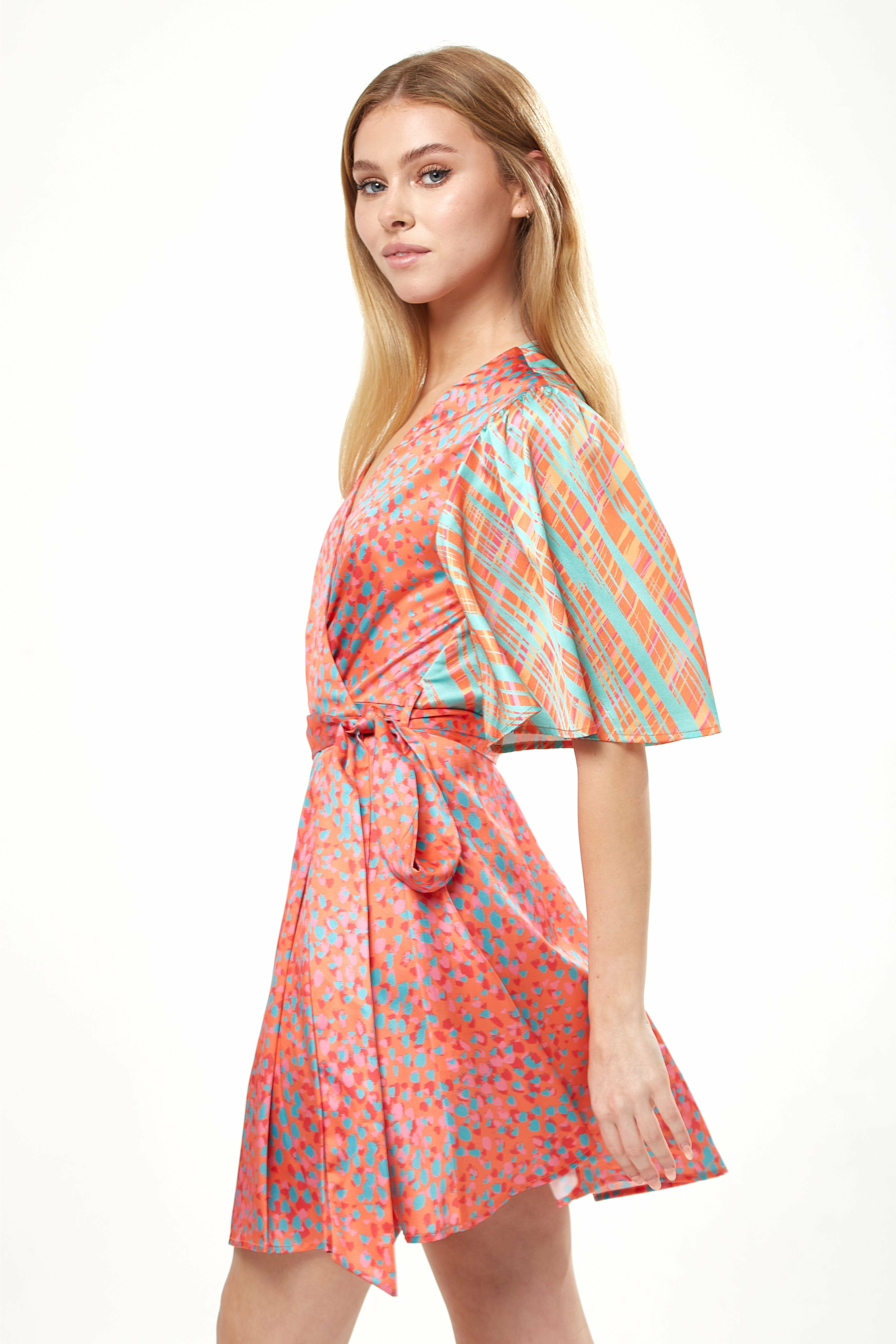 Orange Printed Mini Wrap Dress With Kimono Sleeve LIQ21-279B