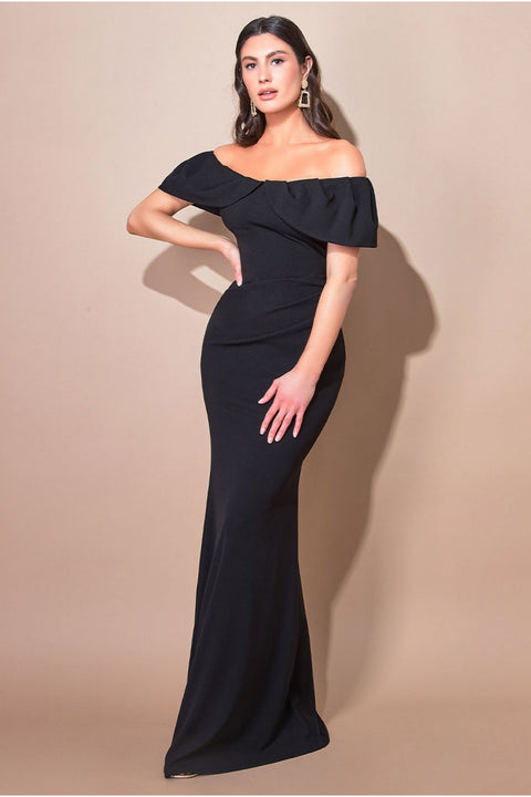 Scuba Crepe Pleated Bardot Maxi - Black DR3959